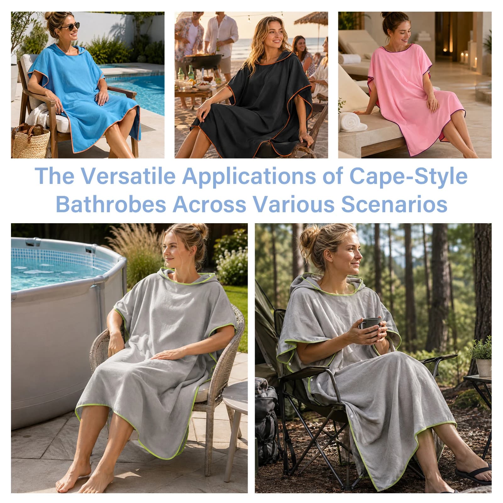 Solid Color Hooded Bathrobe Towel 90x110cm Soft Quick Dry Lightweight Beach Changing Robe Swim Cover up for Pool Spa Travel