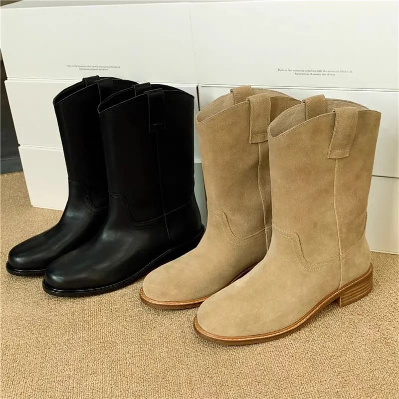 Short briefs retro round toe bottom flat boots midsole in soft sanded leather for women 2025 new autumn and winter collection
