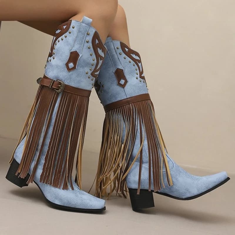 Womens Fringe Cowboy Boots Western Style Embroidered Knee High Boots Autumn Winter Comfort Thigh High Riding Booties