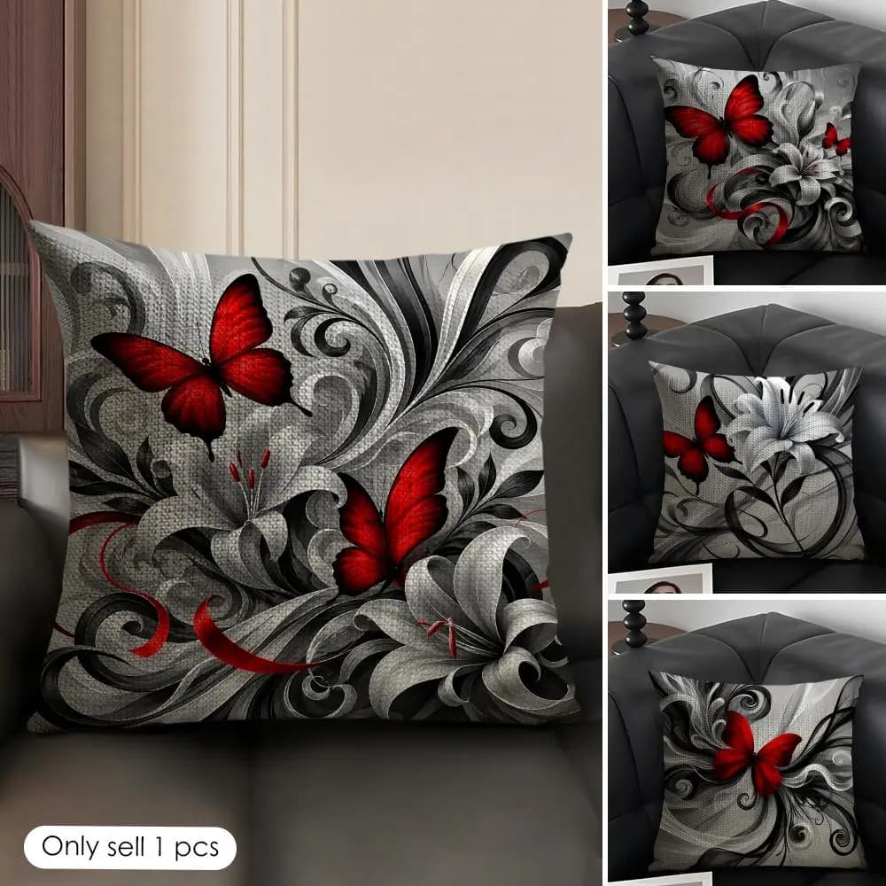 Red Butterfly Silver Flower Cushion Cover Natural Linen Organic Fabric Double Sided Print Sofa Pillow Case Home Decor Gift