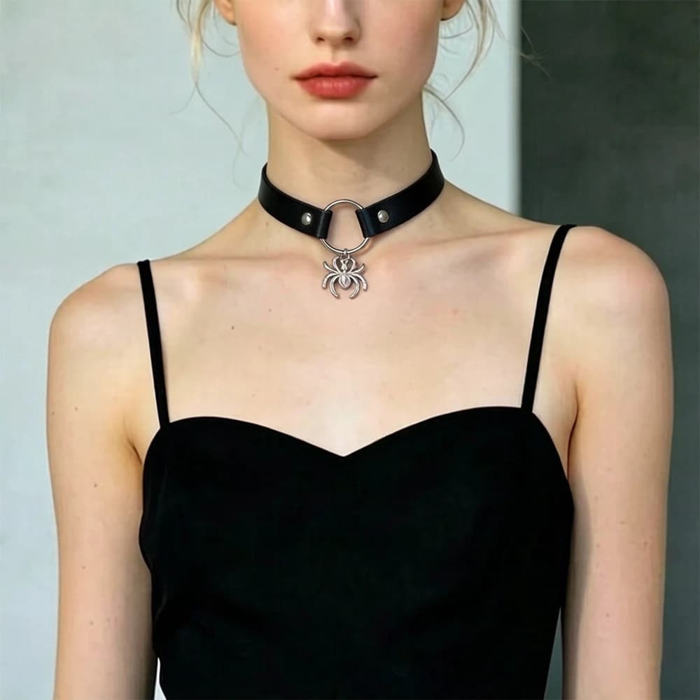PU Leather O-ring Spider Pendant Necklace Women's Gothic Role-playing Party Black Punk Collar Fashionable Jewelry