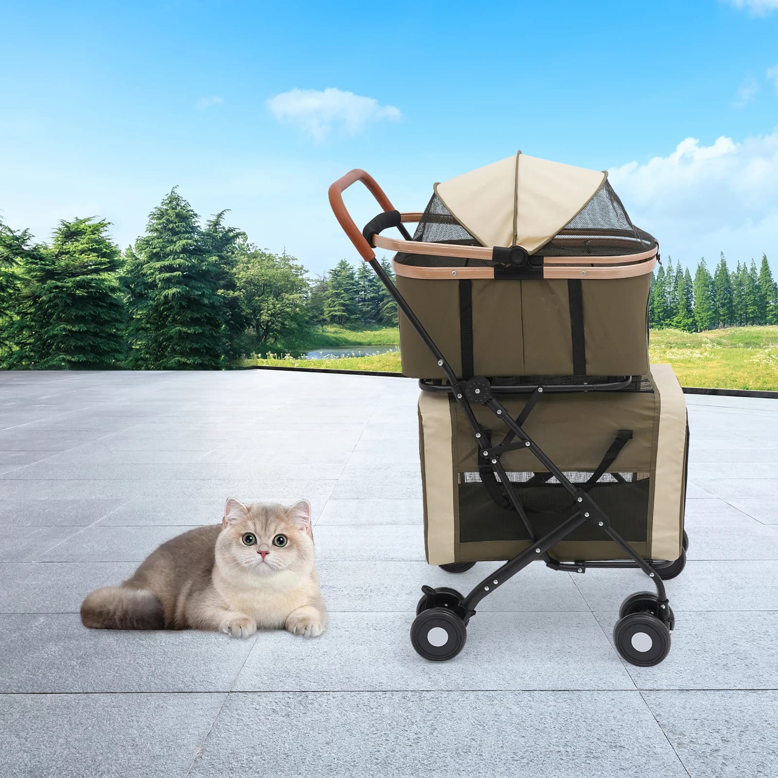 Passeggino Pieghevole per Animali Domestici Verde Scuro 18.1*22.8*38.2in, Regolabile per Cani di Taglia Media e Gatti Multipli