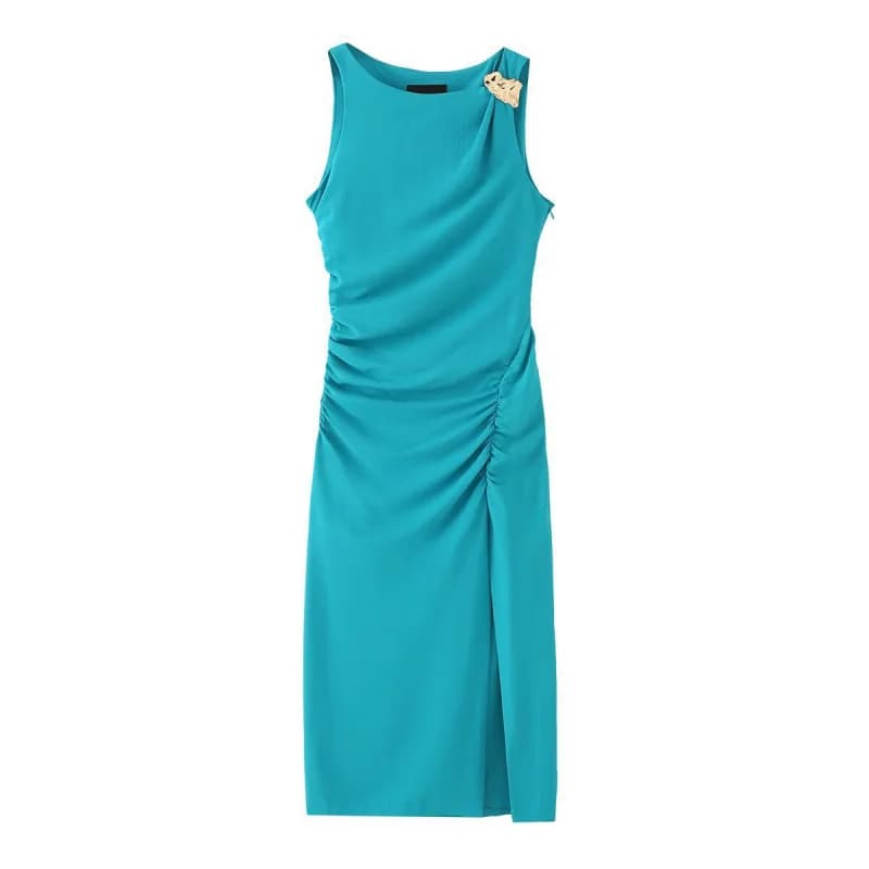 Gold Embellished Folded round Neck Sleeveless Midi Dress Fashionable Women's Cross-Border Clothing High Waist Gown Skirt