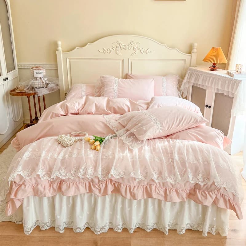 100% cotone romantico francese principessa set biancheria da letto matrimonio volant in pizzo copripiumino lenzuolo in pizzo gonna letto copriletto federe