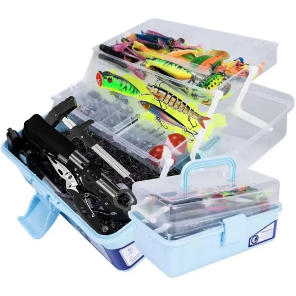 Full box for fishing equipment at 3 levels with bait kit of 450 pieces for freshwater bass fishing