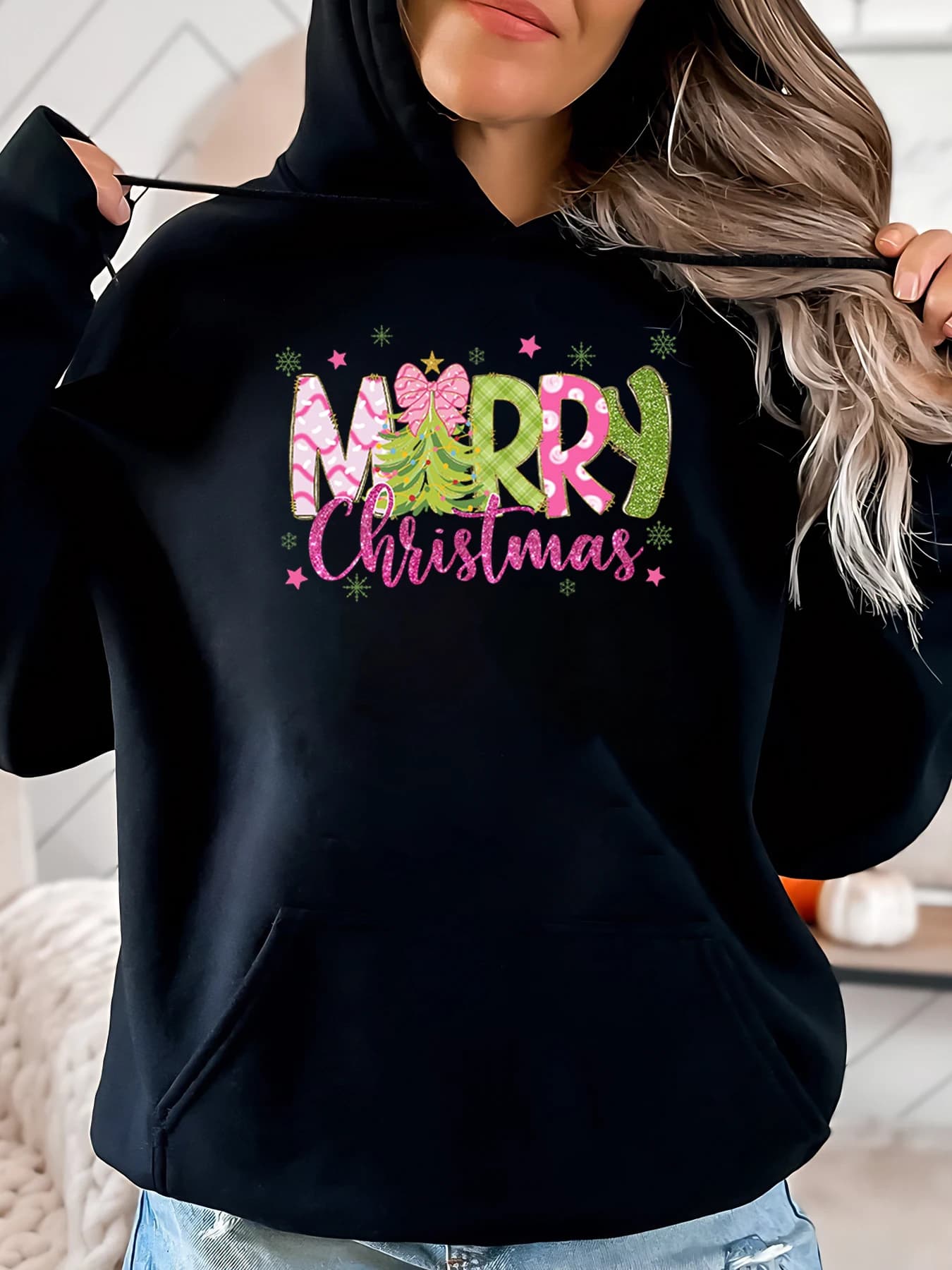 Hoodie with print Merry Christmas Holiday Women casual Clothing Black Plus Size