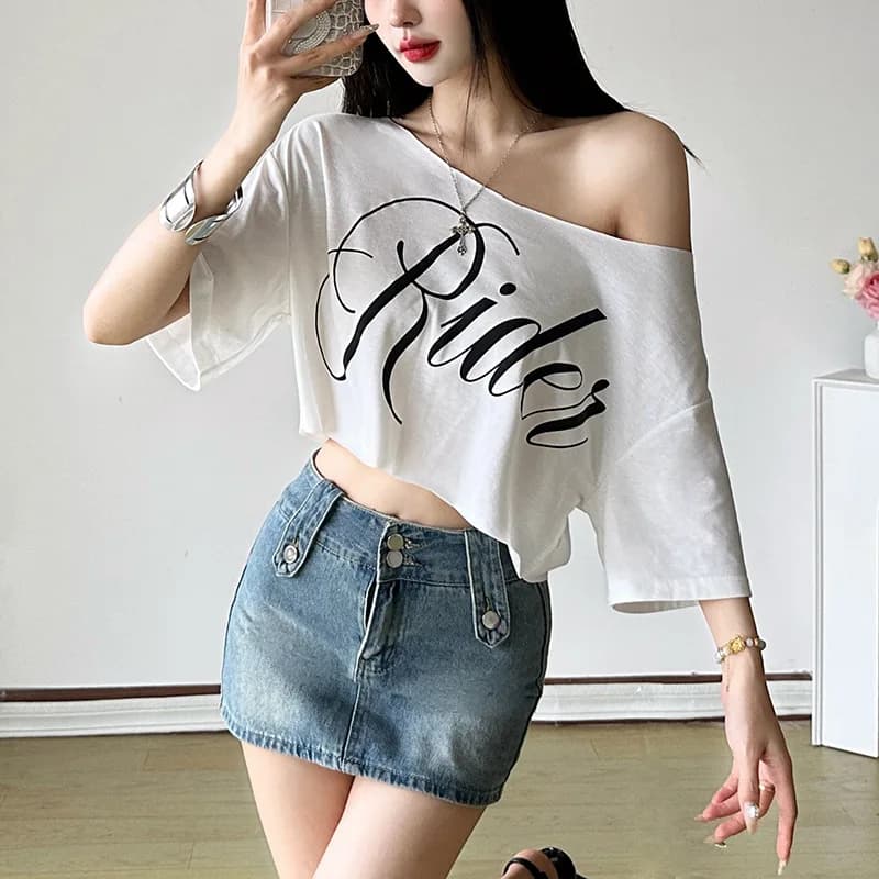 Sexy Shoulder Bared Print Short Sleeve Crop Top Women's Fashionable T-shirt Cross-Border Style Spring 2025 Cotton Material