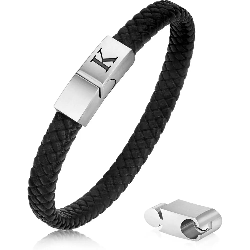 Bracciale da uomo in vera pelle con iniziale – Regolabile con chiusura magnetica in acciaio inossidabile, regalo personalizzato per lui
