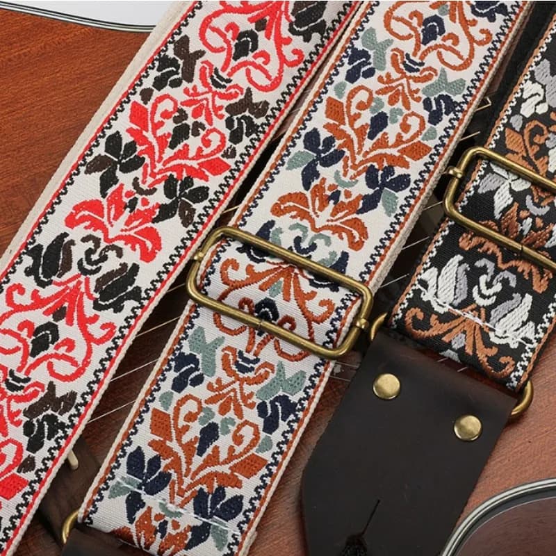 1pc New Embroidered Guitar Strap Retro Ethnic Style Adjust Soft Leather Head Originality Art Replace The Strap Guitar pick Parts