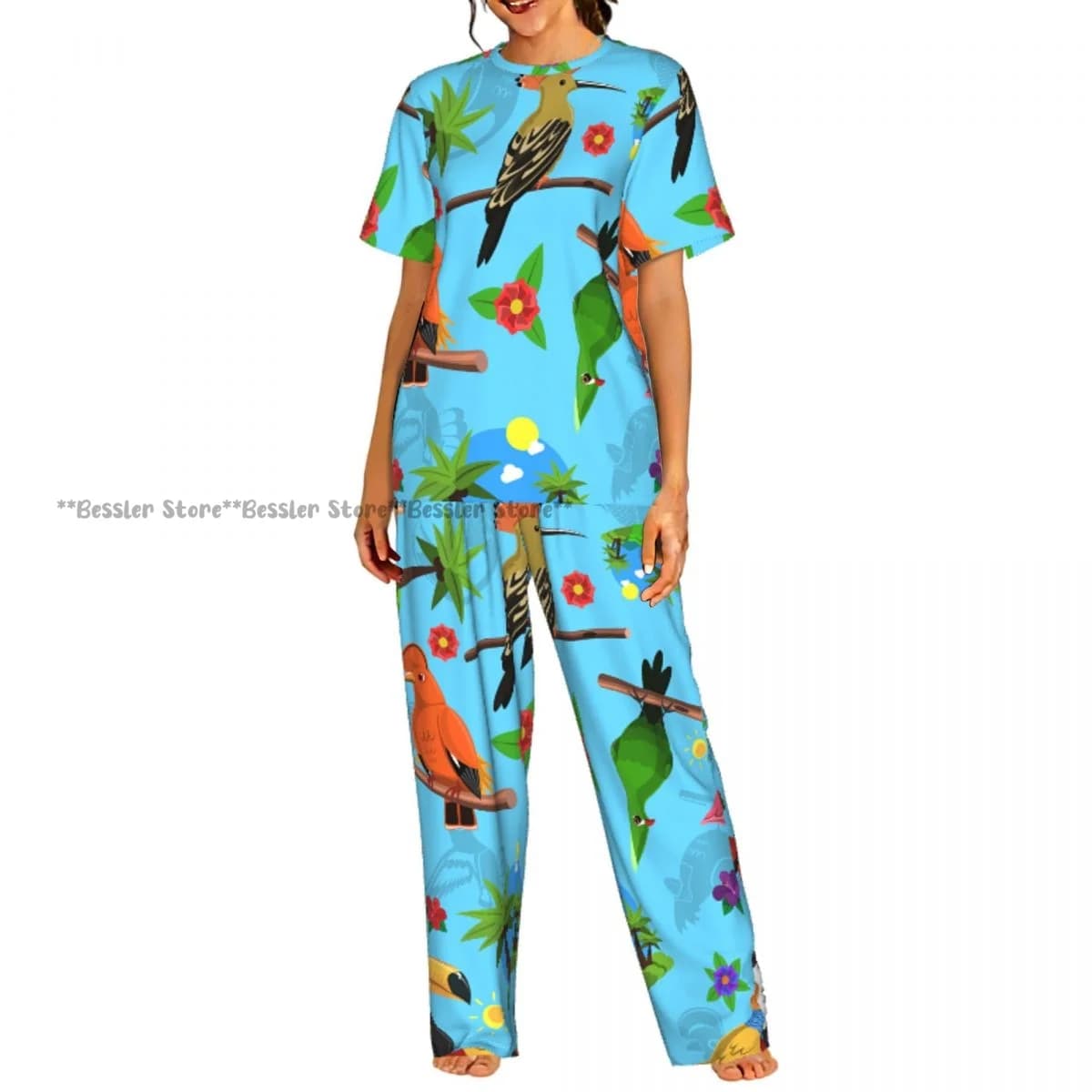 Set da 2 pezzi da donna, pigiama con motivo floreale e uccelli tropicali, top a maniche corte e pantaloni, abbigliamento da notte