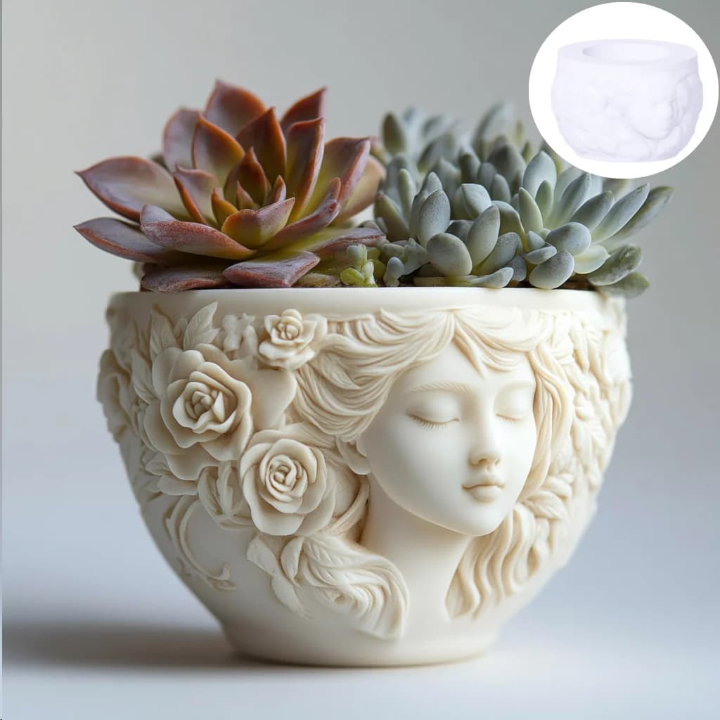 Goddess relief round succulent plant flowerpot resin silicone mould long haired rose woman flowerpot storage box gypsum molds