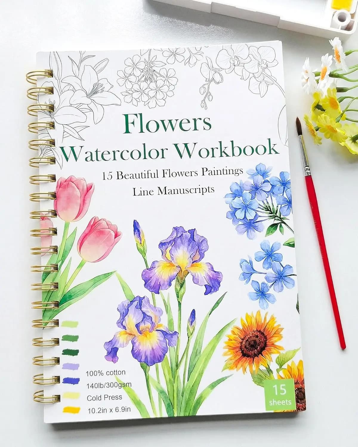 Watercolor Workbook: 15 Floral Designs, 300gsm Cotton Paper, 10.2x6.9" for Adults & Teens