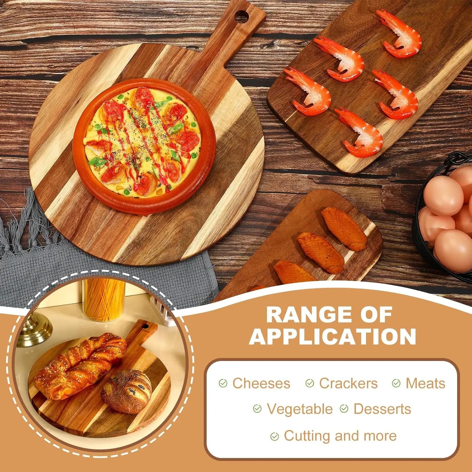 3 Pcs Acacia Wood Cutting Board With Handle Wooden Chopping Charcuterie Board Assorted Size Butcher Block Serving Tray