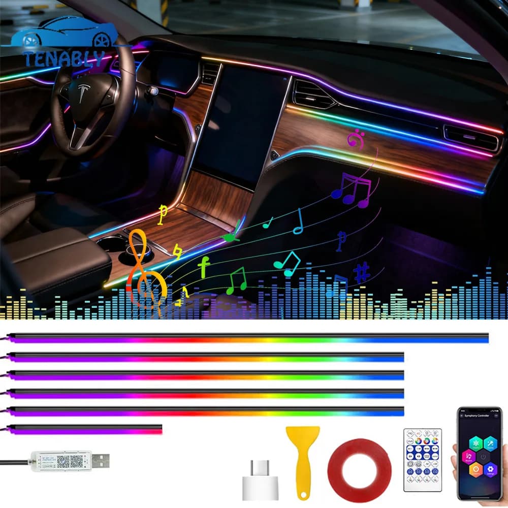 Car Atmosphere Lighting Strip Colorful RGB with USB Acrylic Car Led Interior Ambient Light Automotive Dashboard Neon Decoration