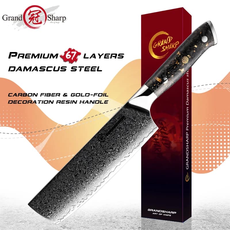 7 Inch Nakiri Grandsharp knife 67 layers Chinese mannaia in damask steel kitchen knives with carbon fiber handle kitchen knife Chef