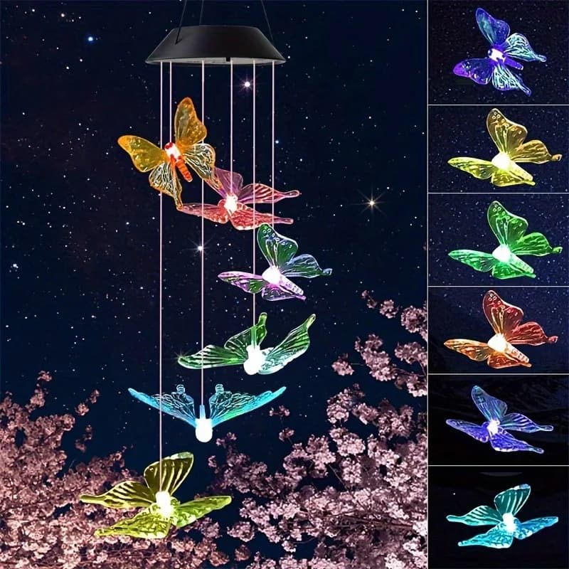 Solar Wind Bells Waterproof with Butterflies, Libellules and Colybrians Changing Color, for Garden Decorations, Parties and Doors