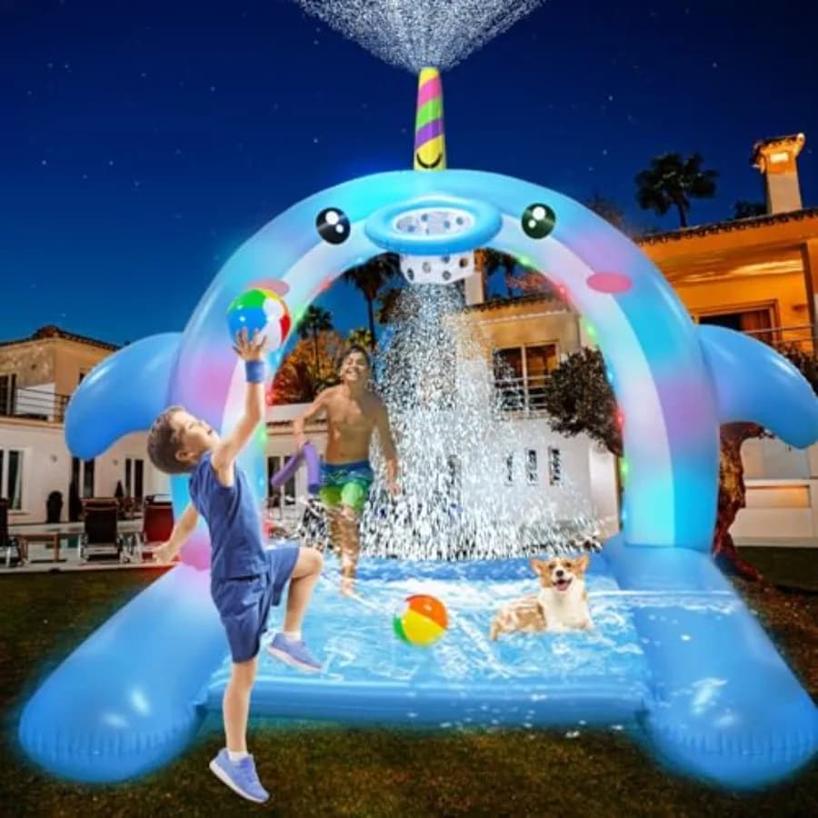 Giocattolo Gonfiabile a Forma di Balena da 2,65 m con Spruzzatore d'Acqua e Canestro da Basket, 3-in-1 Grande Piscina Gonfiabile per Bambini e Cani con 16 Luci LED