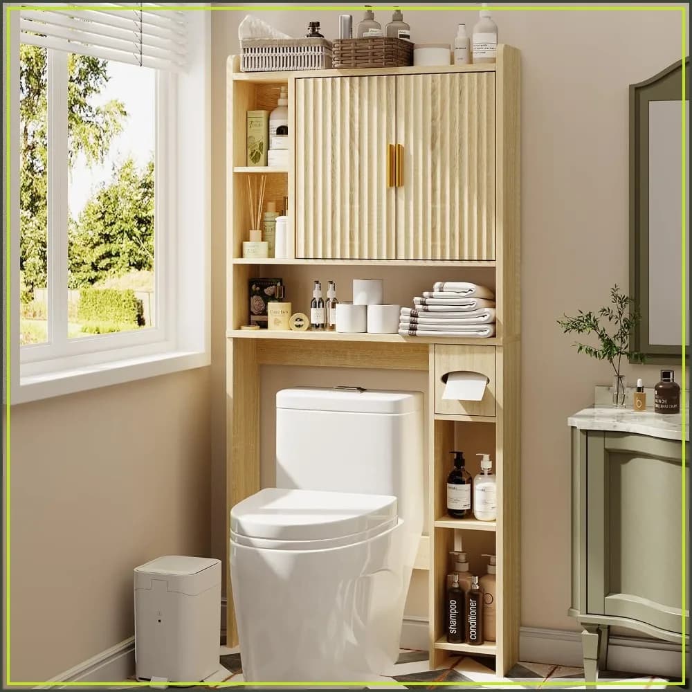 Fluted Over Toilet Storage Cabinet, Space Saver with Toilet Paper Holder, Natural Oak