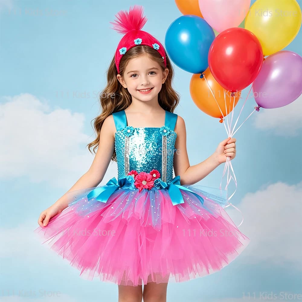 Vestito Estivo da Principessa Poppy per Bambine, Costume Trolls, Abito Magico da Elfo per Halloween, Regalo di Compleanno, Outfit da Fata dei Fiori