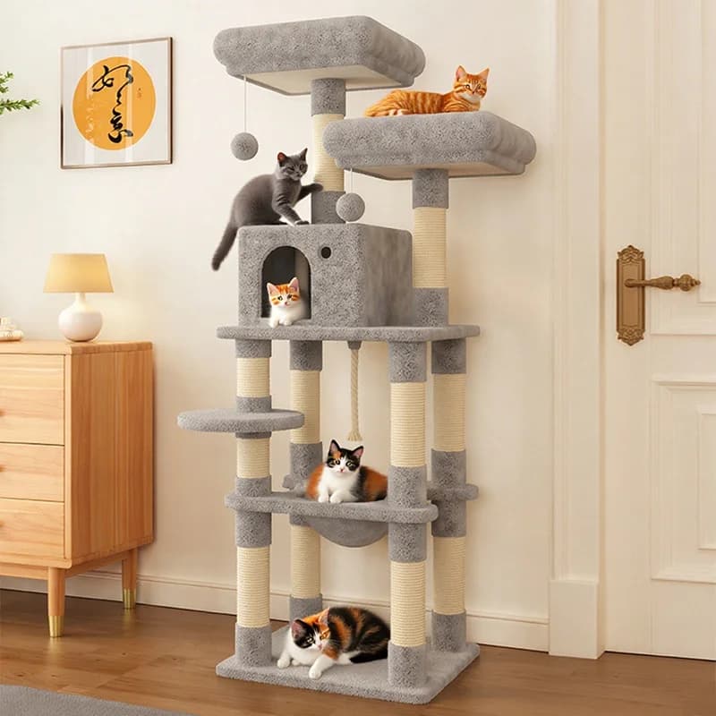 Grande torre per albero per gatti da interno con tiragraffi in sisal, spaziosa rete, posatoi imbottiti, telai da arrampicata per gatti