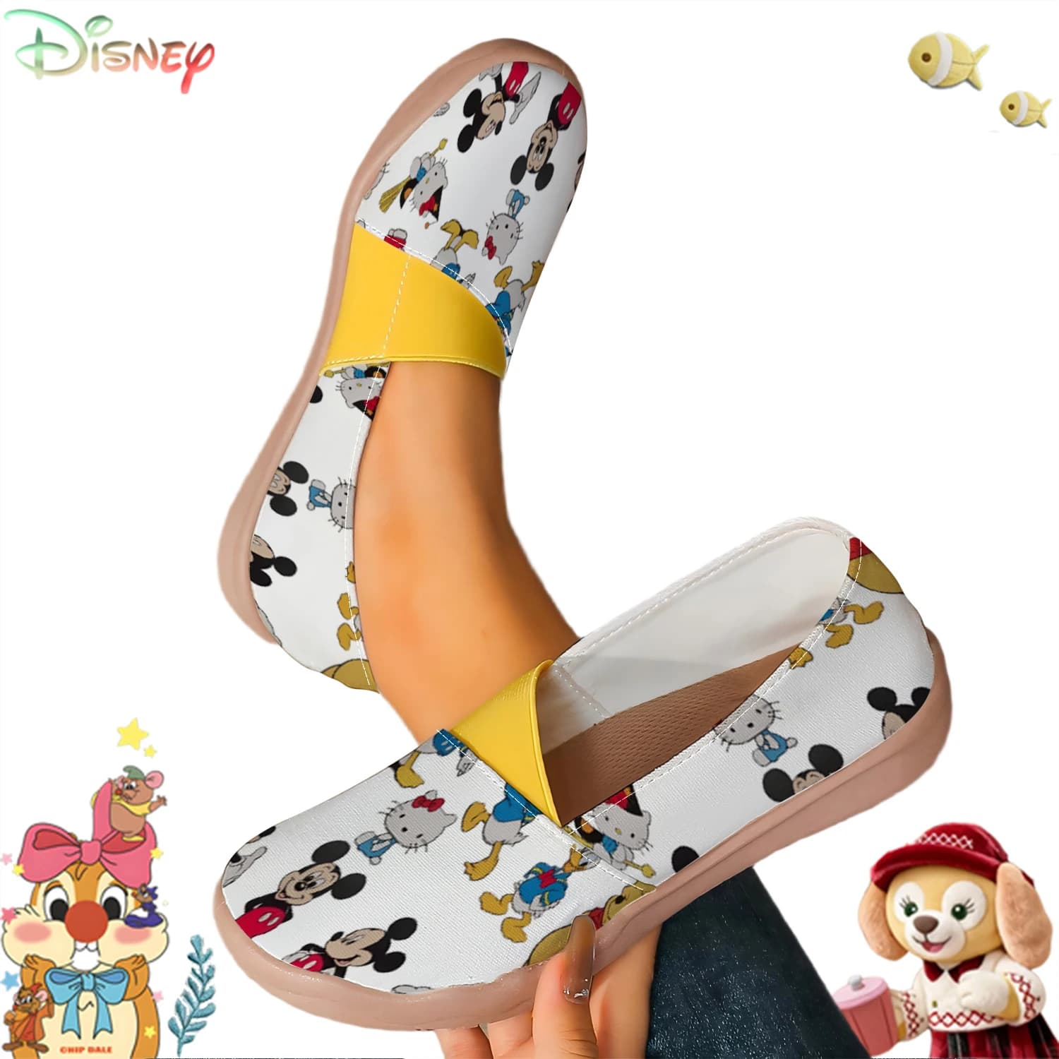 Scarpe slip-on da donna con stampa Disney multi-personaggio, mocassini casual in tela con cinturino elastico