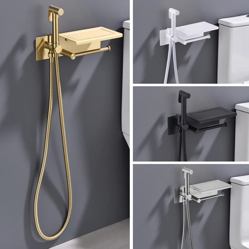 Brushed Gold Brass Portable Toilet Bidet Sprayer Bathroom Wall Mounted Handheld Sprayer with Stainless Steel Tissue Phone Holder