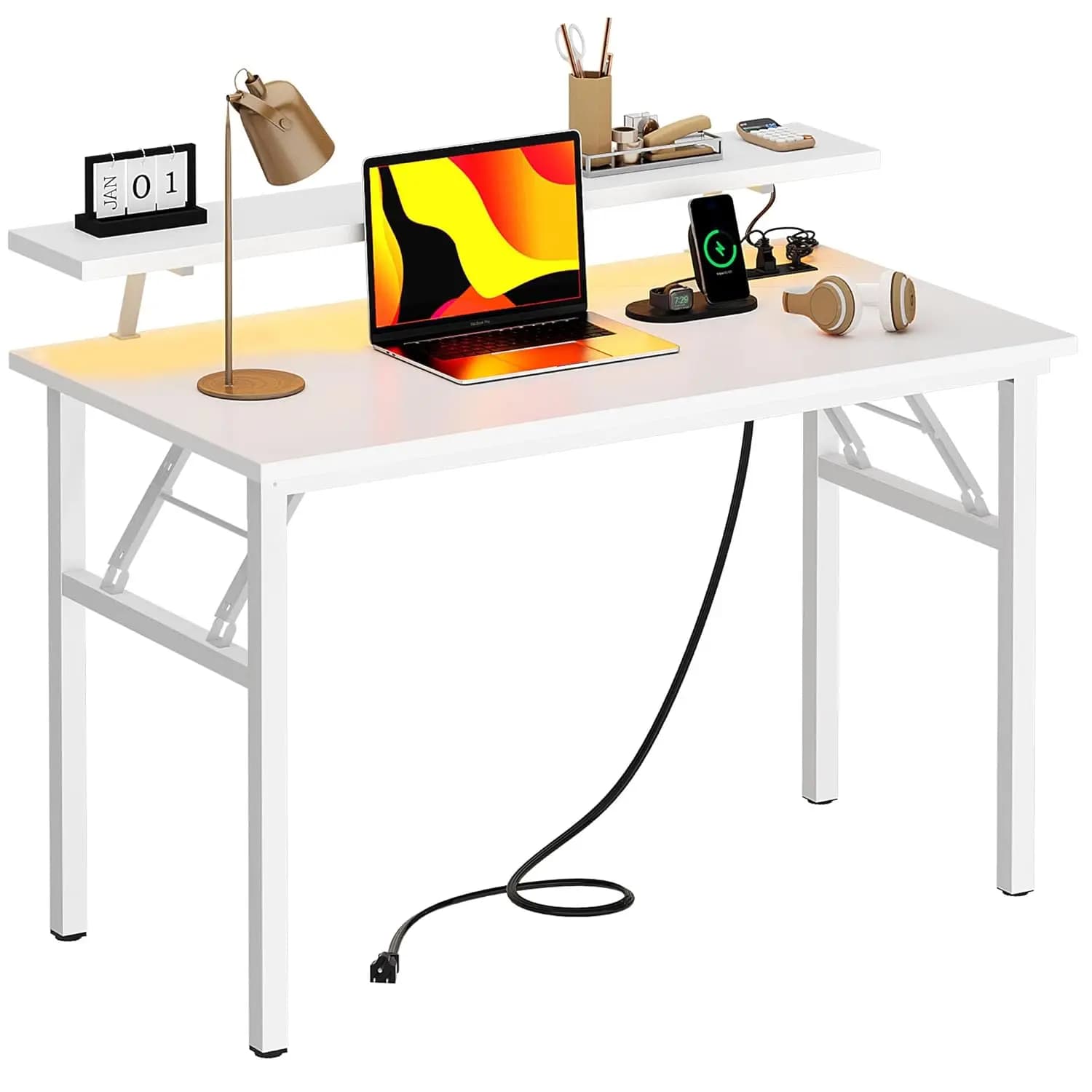 Scrivania Pieghevole per Computer da 39 Pollici con Prese di Corrente, Ripiano per Monitor, Luci LED, Portabicchieri e Porta Cuffie, per Studio e Gaming, Personalizzabile
