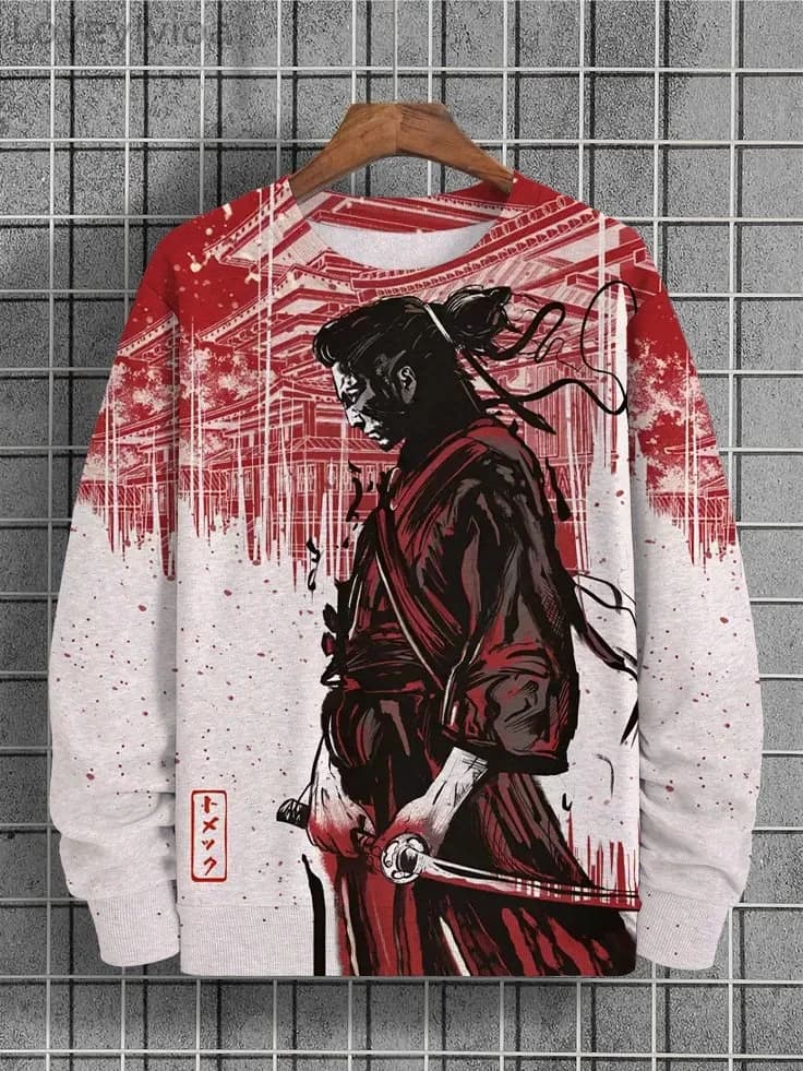 2025 Retro giapponese Samurai Spadaccino Felpa con cappuccio Moda Sport all'aria aperta Stampa 3D Y2k da uomo Pullover Outdoor Girocollo Felpe