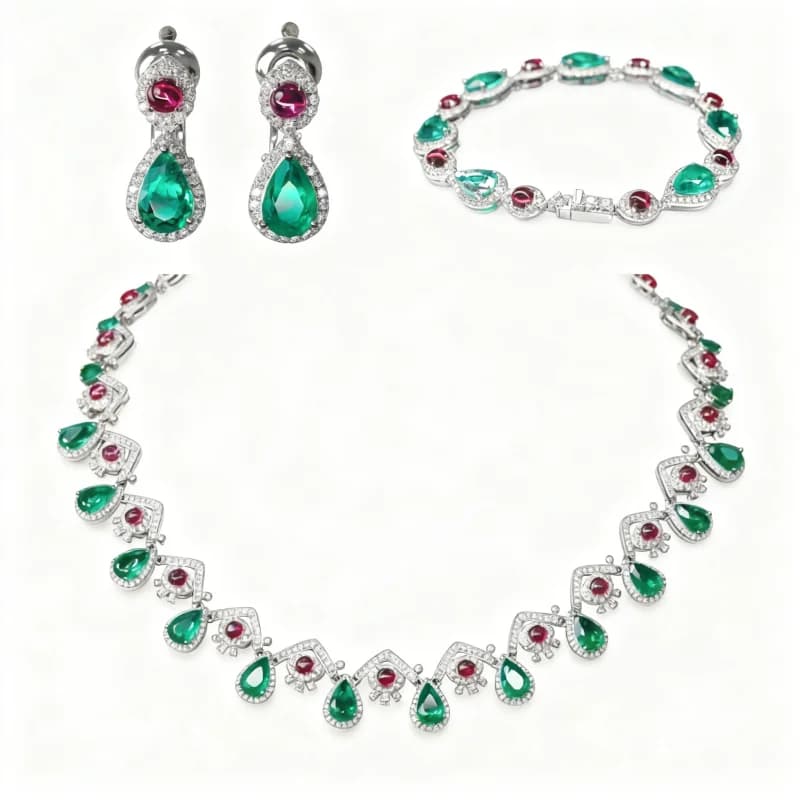 BELLUX Set di Gioielli di Lusso in Argento 925 con Diamanti ad Alto Contenuto di Carbonio, Smeraldi Sintetici e Rubini a Goccia Colorati
