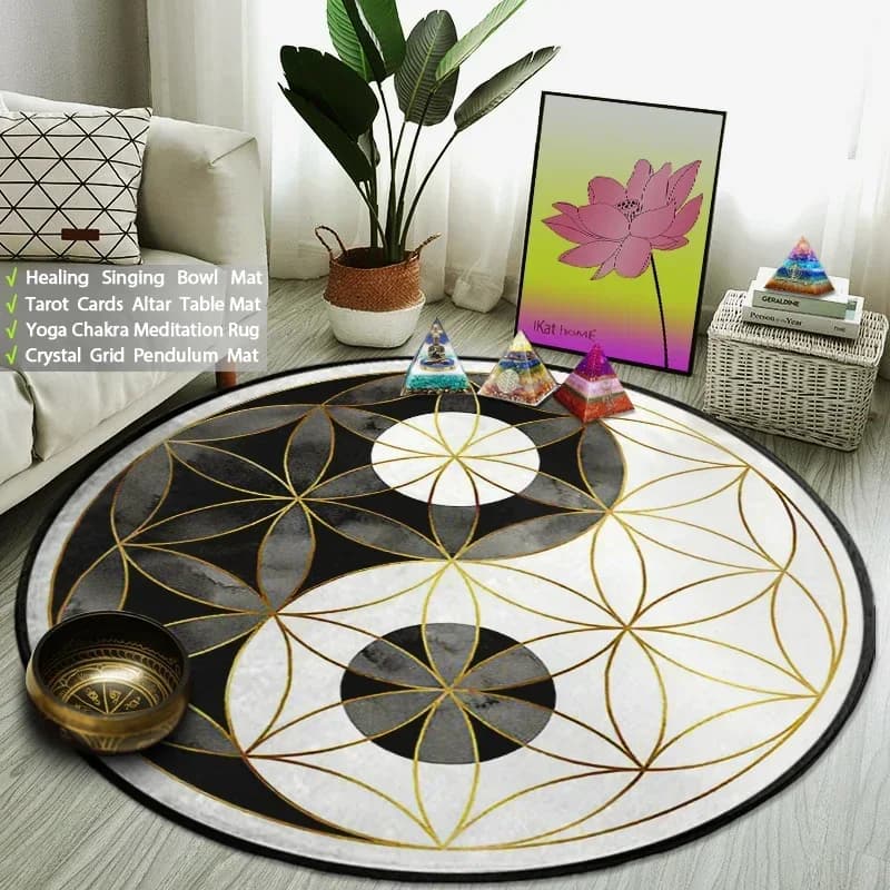 Yin Yang Tai Chi Carpet Round Waist Flower Gym Curtains Circular Buddha Indian Meditation Mats Yoga Meditation Mat for Anti-slip Chair Decor