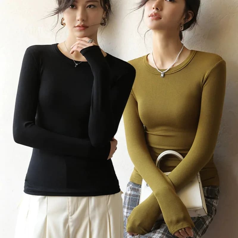 Women O Neck Long Sleeve Ribbed Pullovers Solid Casual Skinny Elastic Basic Knit Tops Autumn Fashion Simple Inner Wear Jumpers