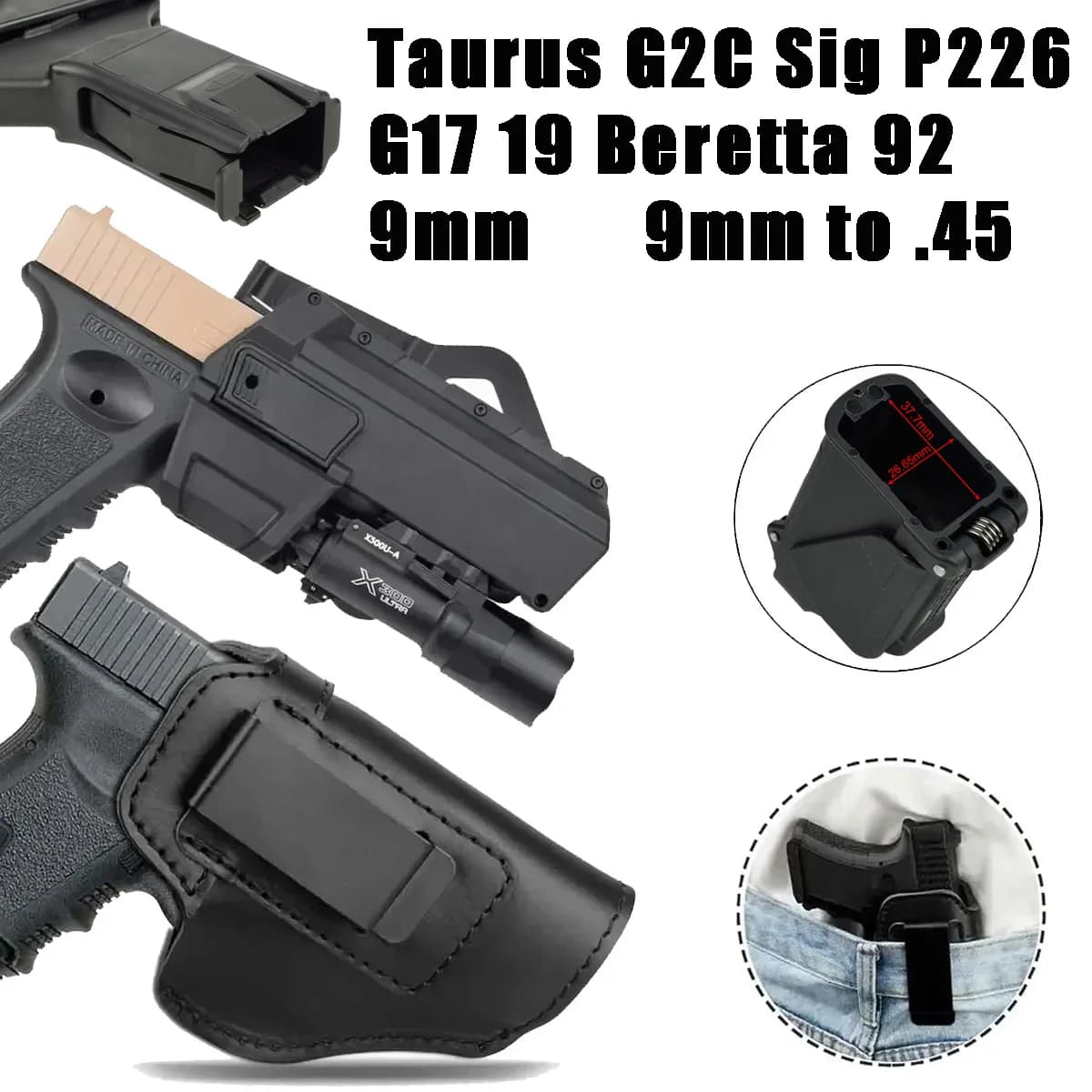 9 mm IWB OWB Universal Gun Loader for Taurus G2C Sig P226 SP2022 Glock 17 19 23 26 Beretta 92 Hidden Hunting Mesh