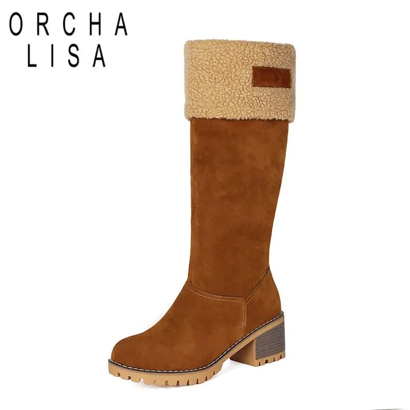 ORCHA LISA Flock Suede Female Winter Warm Knee High Boots 6cm Chunky Heels Zipper Plush Outdoor Snow Booties Big Size 43 44 45