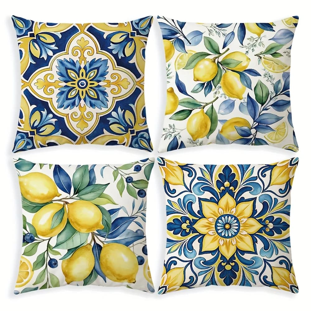 4 pezzi, fodere per cuscini con limoni siciliani, monofacciali, chiusura con cerniera, poliestere lavabile - perfetti per divano, soggiorno, decorazioni per la camera da letto, cuscini decorativi.