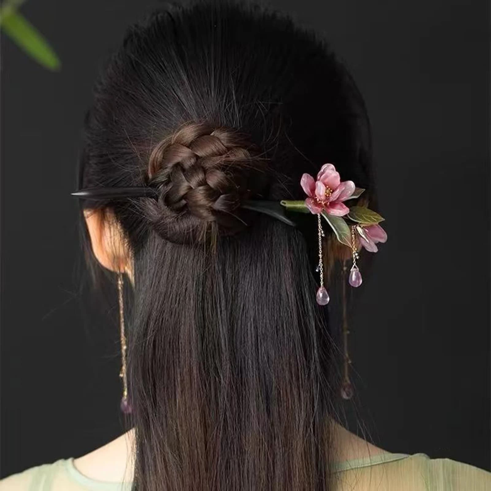 Fermaglio per capelli floreale in stile cinese, forcina con fiore rosa e nappa, accessorio per capelli elegante e tradizionale Hanfu per donna, per uso quotidiano e feste