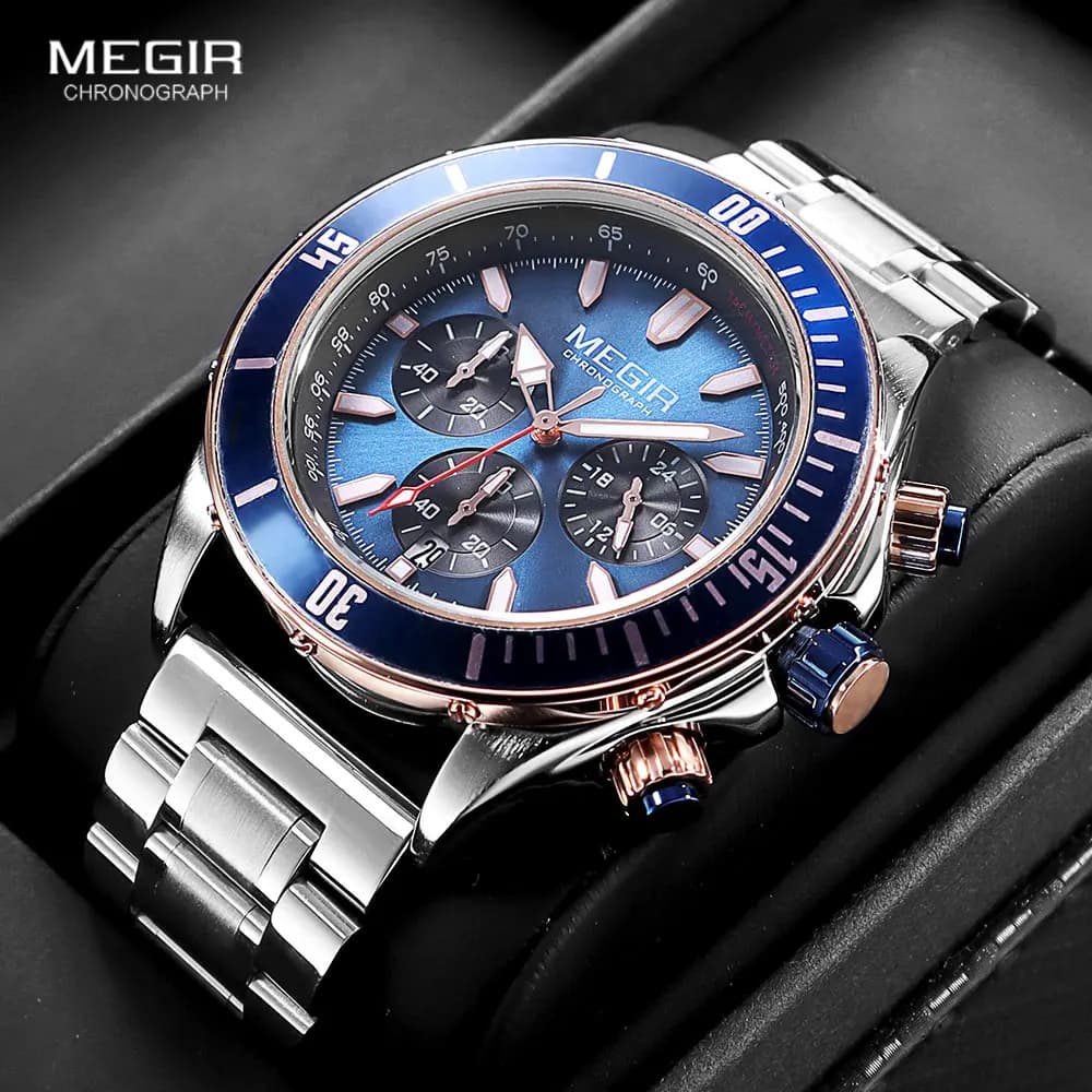MEGIR Business Dress Watch uomo argento blu luminoso cronografo impermeabile orologio da polso al quarzo con cinturino in acciaio inossidabile data 2226