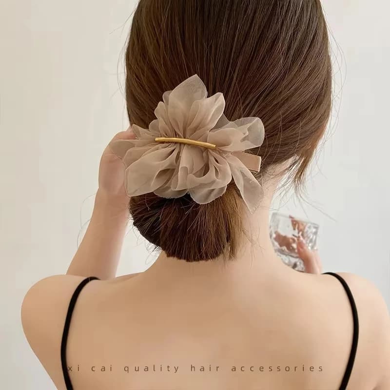 1/2 pezzi eleganti e minimalisti in chiffon con fiori grandi fermagli per capelli primaverili per donne, accessorio per capelli in tinta unita per coda di cavallo