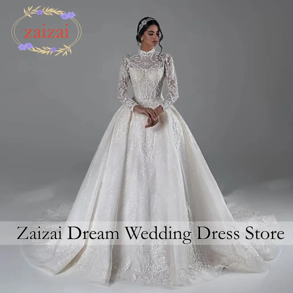 Abito da Sposa Personalizzato con Scollo a O, Perle sul Retro, Maniche Lunghe, Applicazioni di Perline, Paillettes Lucenti, Pizzo, Stile Principessa, Vestito da Ballo, Vestido De Novia