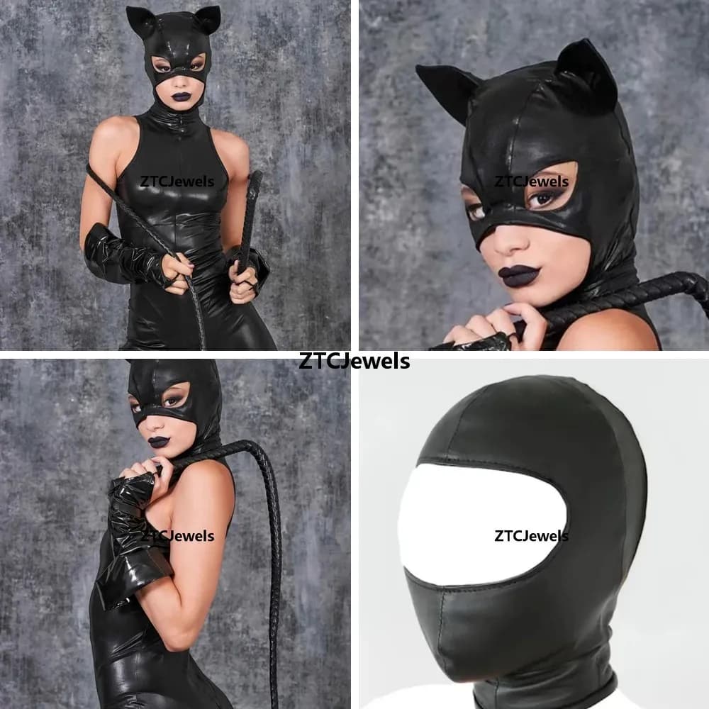 Leather Half Face Mask Hood Straps Full Body Bondage Headdress Cosplay Role Play Halloween Unisex Adult