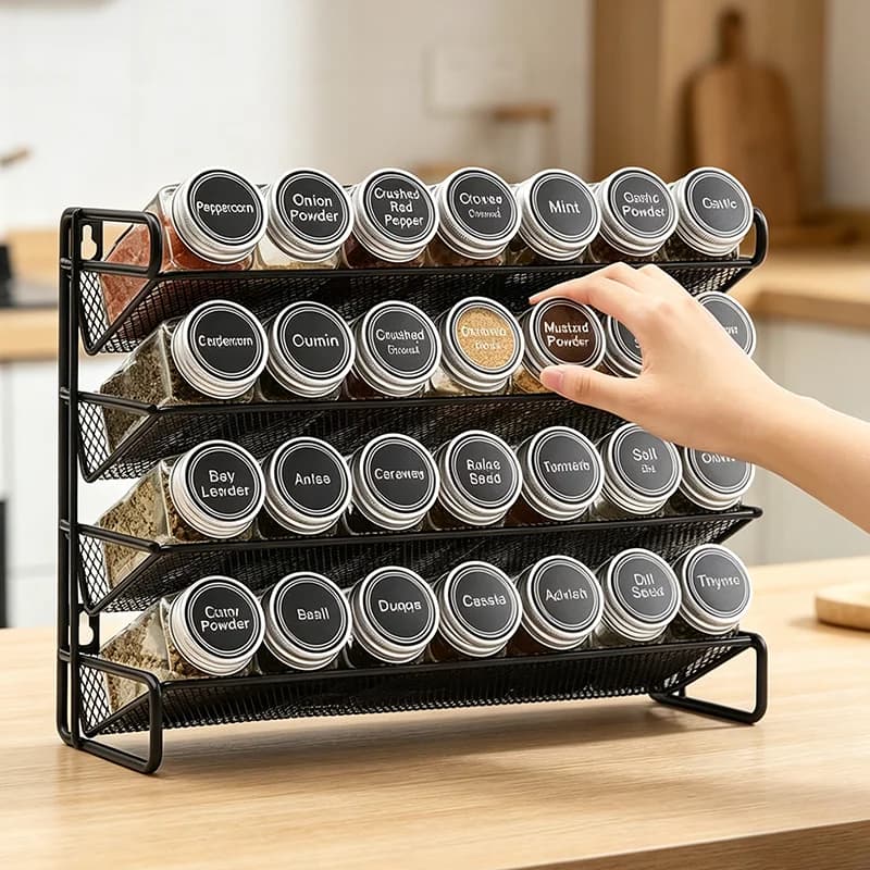 Organizzatore per Spezie a 4 Ripiani, Mensola per Dispensa in Acciaio al Carbonio, Portaspezie da Parete Antiscivolo