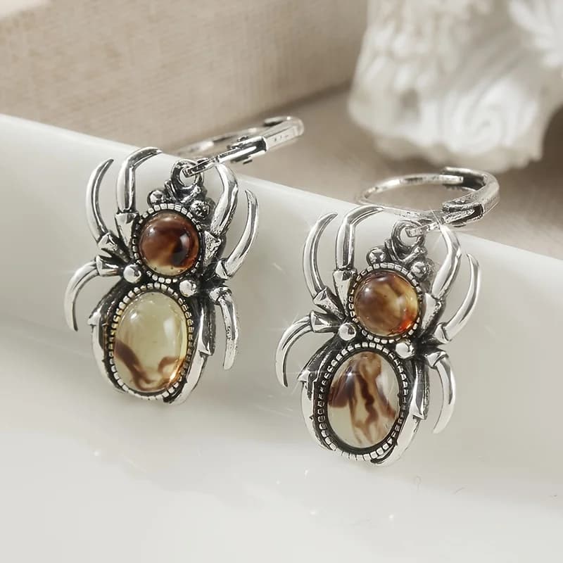 Fashionable Silver Color Paired with Oval Zircon Spider Style Pendant Earrings Women's Gothic Daily Wear Jewelry Gifts