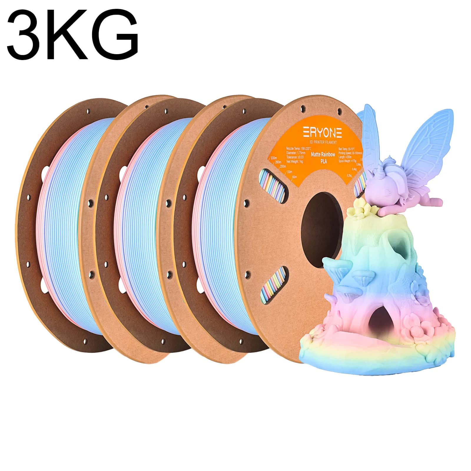 ERYONE Filamento PLA Opaco Arcobaleno per Stampante 3D 3KG 1.75mm, Finitura Opaca Premium Multicolore Sfumato, Confezione Convenienza Rotolo da 1KG Anti-Riflesso
