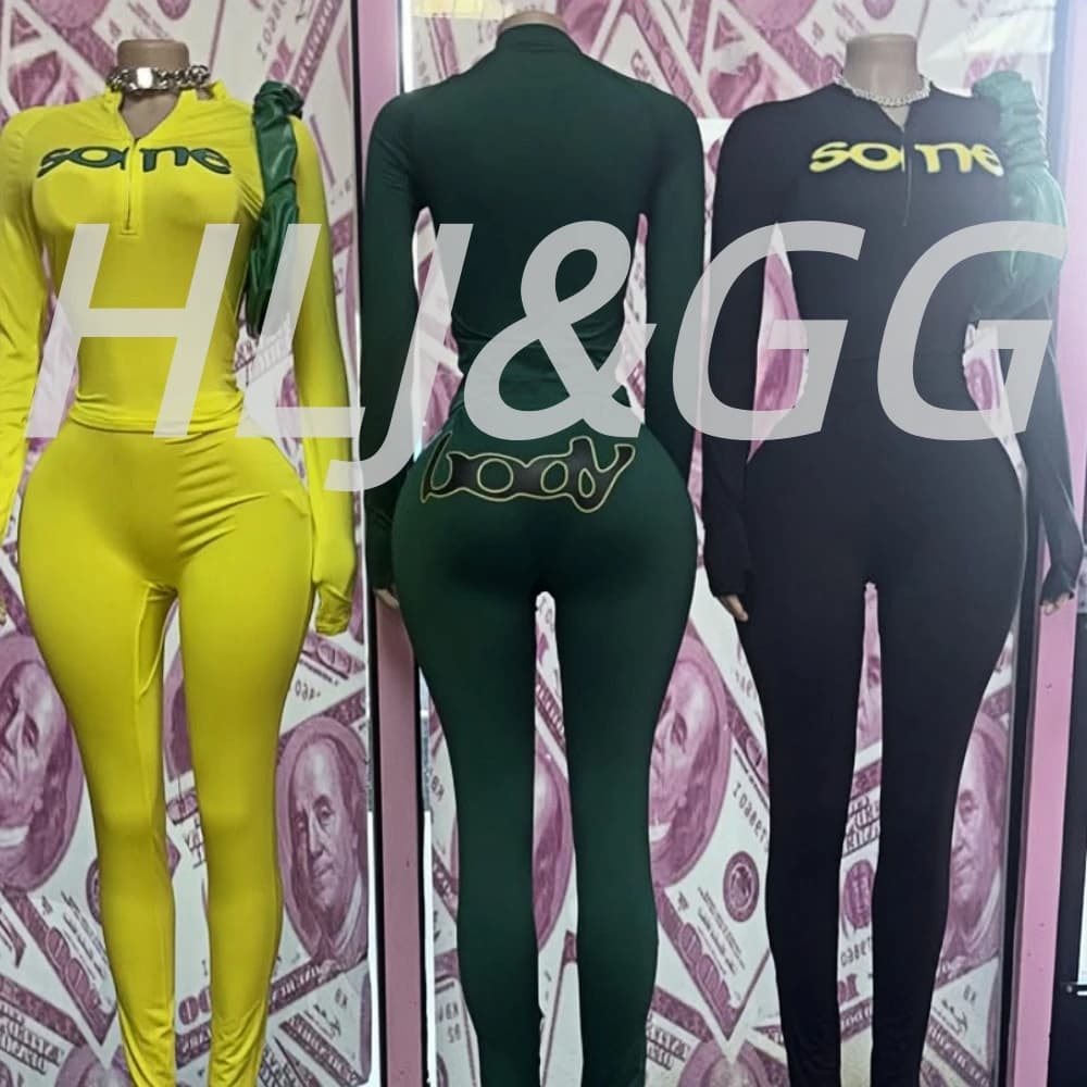 HLJ Autunno New Fashion Letter Print 2 pezzi Set per donna Zip manica corta Crop Top + Legging abbinato femminile Streetwear 2025