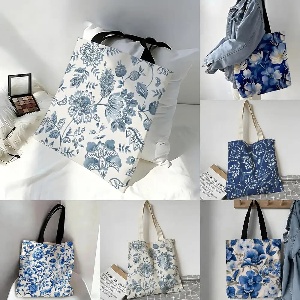 Borse portaoggetti Borsa a tracolla portatile casual Borsa da shopping leggera Borsa in lino riutilizzabile Elegante motivo floreale blu