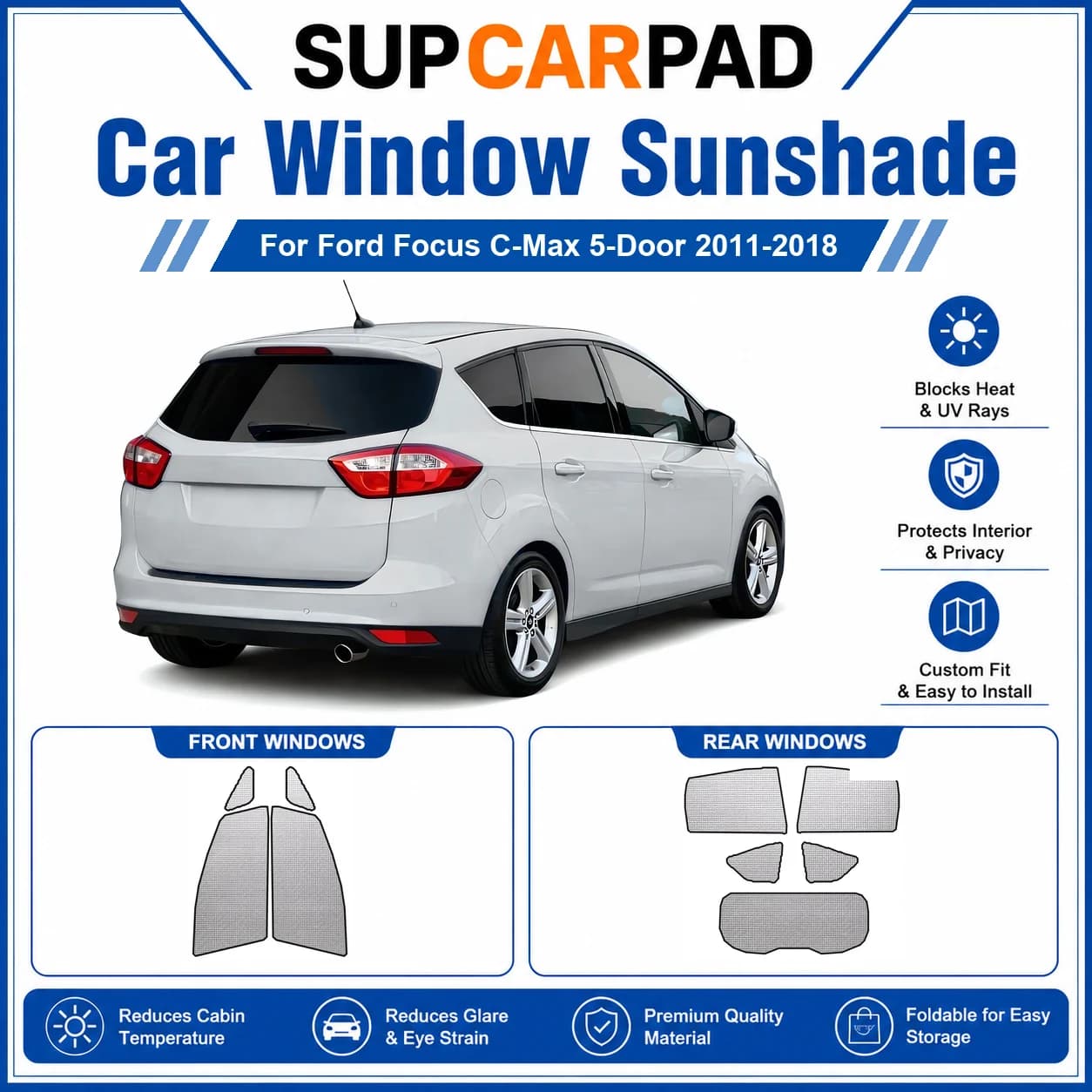 For Ford - Ford Focus C-Max 5-Door 2011-2018 Full Set Car Window Sunshades UV Block Privacy Heat Insulated Foldable Car Curtain