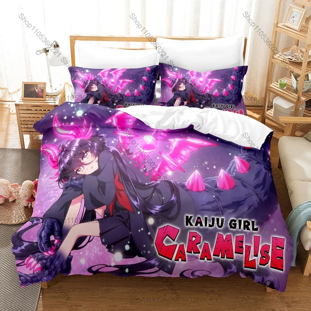 Cute Kaiju Monster Girl Character Duvet Cover Set 1 Duvet Cover + 2 Pillowcases Fantasy Anime Bed Linens Gift Home Textile