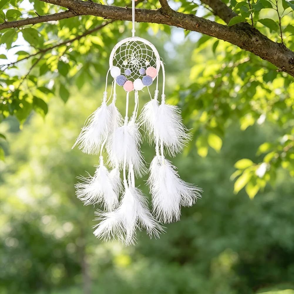 Macaron Dream Catcher White Feather Tassel Wall Hanging Pom Pom Handmade Woven Dreamcatcher Nursery Bedroom Window Home Decor