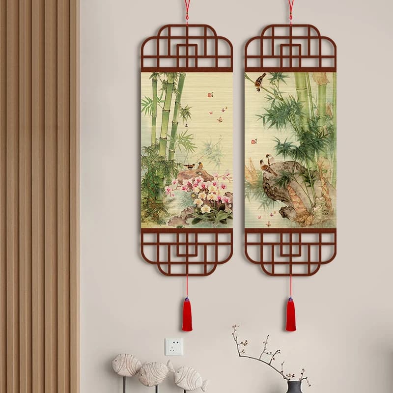 Botanical Flowers Landscape Bamboo Woven Hanging Scroll, Entryway Tea Room Living Room Study Wall Art for Home Wall Decor