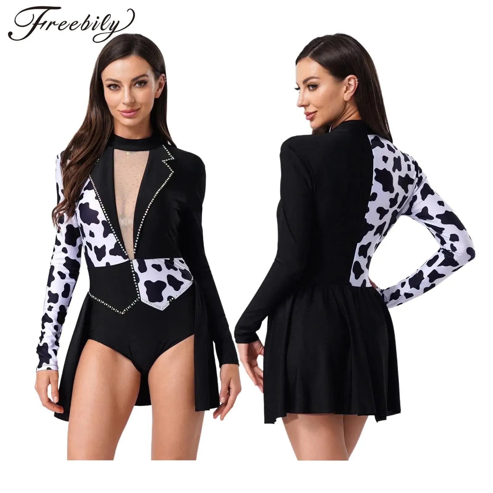 Costume cosplay dalmata da donna, manica lunga, maglia lucida, stampa macchiata, diavolo, strega, body, carnevale di Halloween, clown malvagio