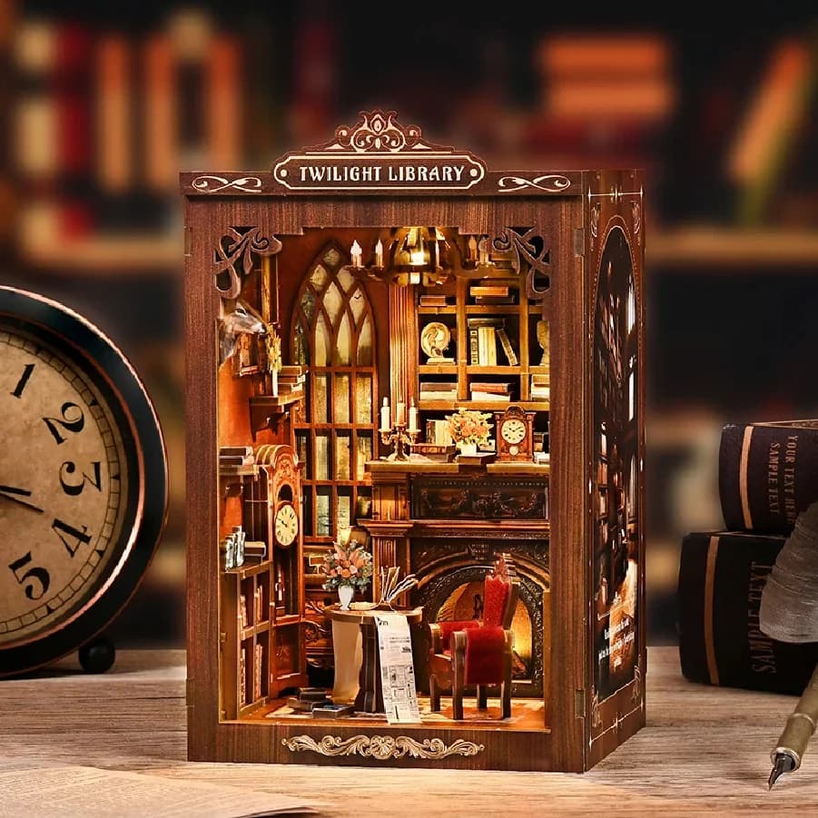 Kit Fai-da-Te Book Nook - TWILIGHT LIBRARY, Sostegno per Libri in Legno, Puzzle 3D da Assemblare, Modello Artigianale per Regali di Natale e Black Friday